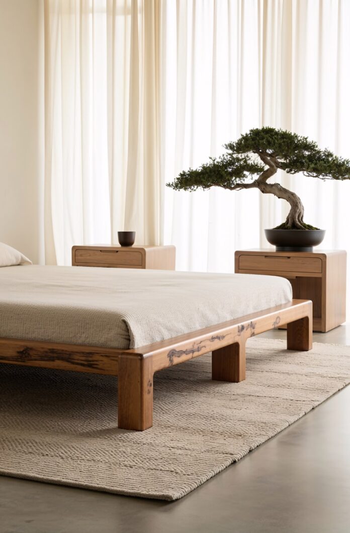 Photo by doffy kents A bedroom with a bed and a bonsai tree